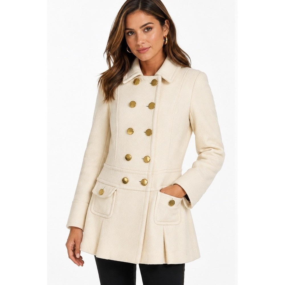 Express Cream Wool Blend Double Breasted Pea Coat Gold Buttons | Size XS